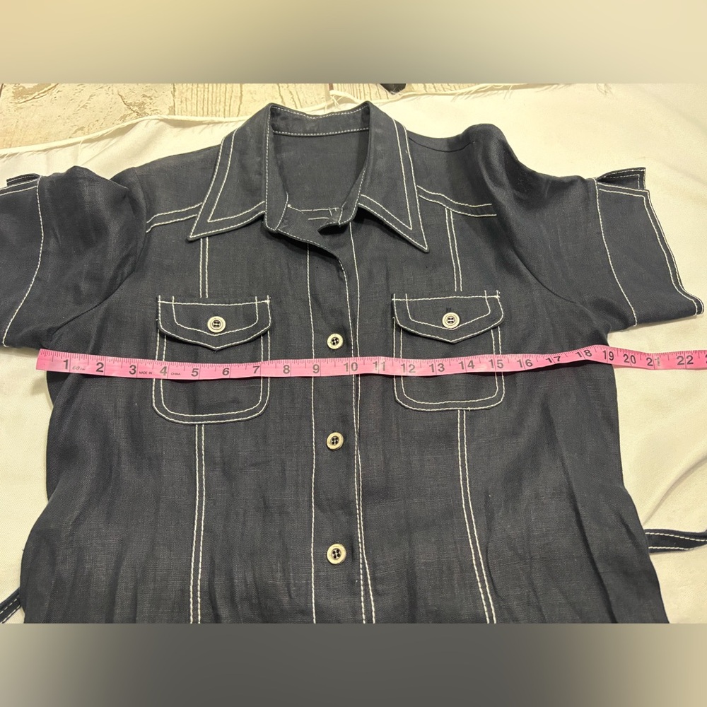 Linen Dress Button Up Navy White Stitching Belted - Picture 6 of 9
